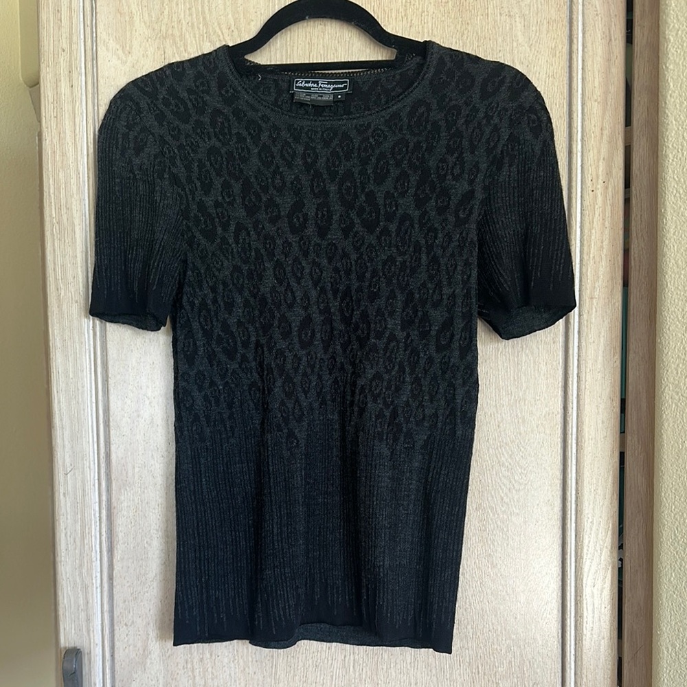 Salvatore Ferragamo Black Leopard Print Short Sleeve Top